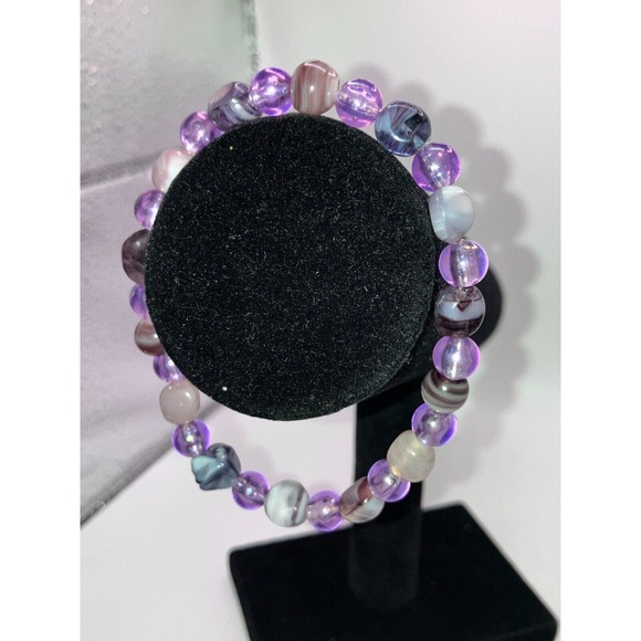 Purple Different Stripe Agate Stretch 3 7/8 Inch Around Bracelet! - Picture 1 of 6
